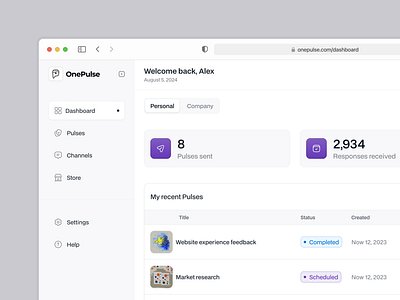 OnePulse: create, send and analyze surveys in minutes cards clean dashboard interaction minimalistic navigation saas side menu survey table ui design