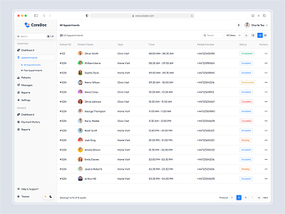 Appointments list table UI appointment appointment ui booking ui cms crm data tabler doctor webapp saas table ux design web app design wrebapp