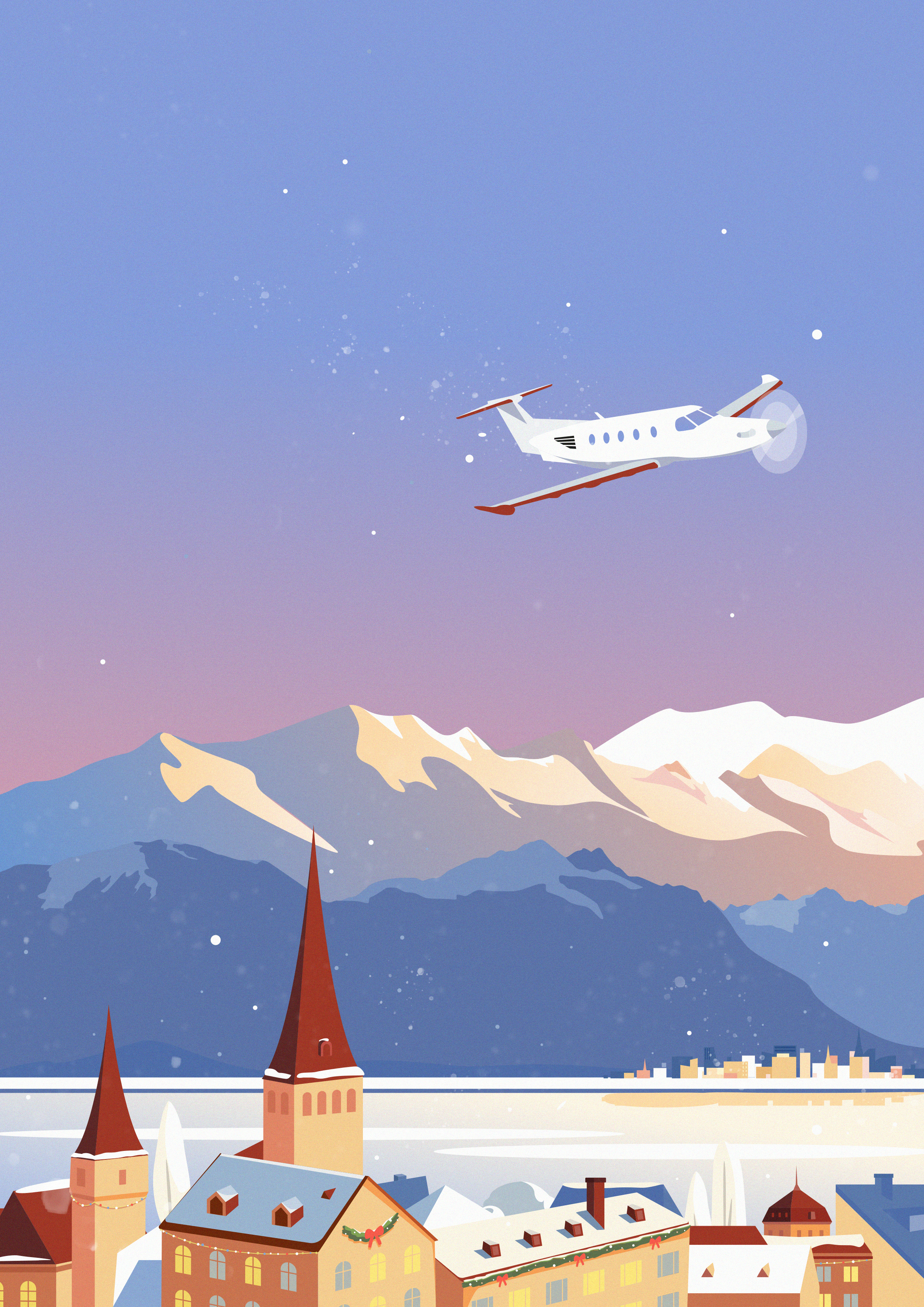 Winter Illustration - christmas greetings aircraft alps christmas city editorial graphic design greetings holidays illustration illustrator lausanne mountain plane snow storytelling sunset switzerland travel winter winter season