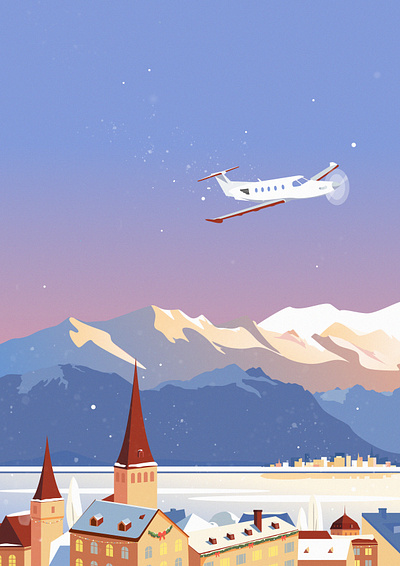 Winter Illustration - christmas greetings aircraft alps christmas city editorial graphic design greetings holidays illustration illustrator lausanne mountain plane snow storytelling sunset switzerland travel winter winter season