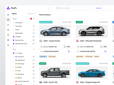 Vehicles list car card filters list ui ux vehicle web app