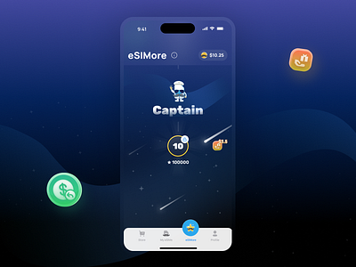 Final level of eSIMore gamified loyalty program for eSIMo app design dark theme ui design inspiration digital currency esim esim store gamification gamified experience level loyalty program minimal ui mobile app mobile ui progress bar rewards system space inspired ui animation user interface ux design virtual rewards