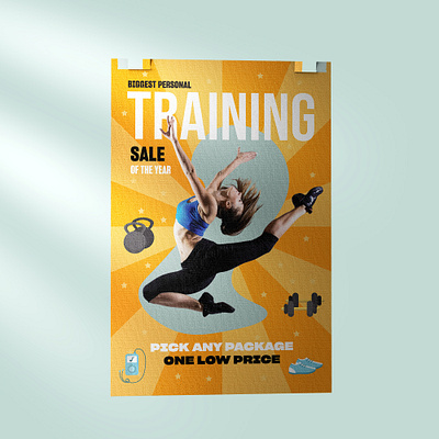 Poster Design fitness flyer graphic design gym illustration low orange pesonal poster price sale training vector yellow