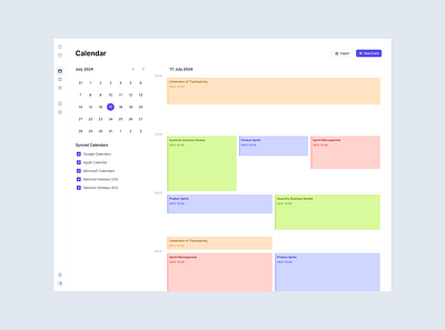 Calendar UI app application calendar clean design system figma framer light minimal schedule time block timeline ui kit web web app