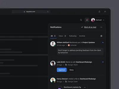 Activity Feed/Notifications Dark Mode - SquareUi activity feed design system figma notifications product design ui ux web design