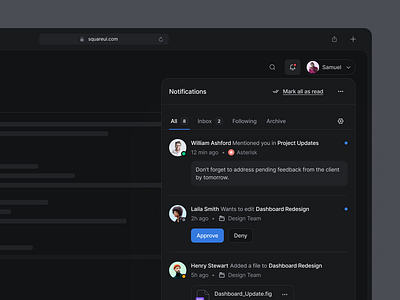 Activity Feed/Notifications Dark Mode - SquareUi activity feed design system figma notifications product design ui ux web design