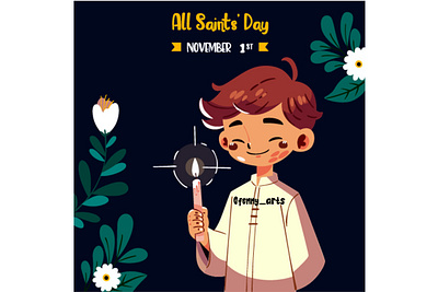 All Saints Day Illustration boy candle celebration cemetery christian church day feast grave hallow holiday honour hope light love night religious remembrance saints symbol