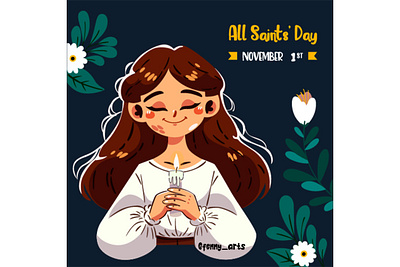 All Saints Day with Cartoon Girl candle cartoon celebration christian church day decoration feast flower girl hallow holiday honour hope life love peace remembrance saints symbol