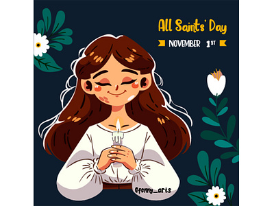 All Saints Day with Cartoon Girl candle cartoon celebration christian church day decoration feast flower girl hallow holiday honour hope life love peace remembrance saints symbol