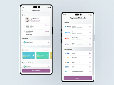 Checkout and Payment Method Design checkout experience checkout ui design app clean design e commerce design insurance insurance app insurance payment intuitive design mental health app minimalist design mobile app design mobile payment payment app design payment method ui design payment ui design responsive design transaction process design ui design user centered design ux design