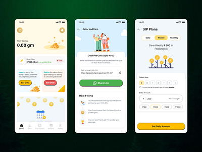 PocketGold - Mobile app clean goldapp goldappuiux goldmobile home investmentapp minimal mobileapp pocketgold refer screen sip uiux