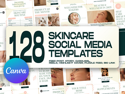 128 Skincare Social Media Templates canva template graphic design instagram feed instagram post instagram post template instagram stories template instagram template skincare skincare branding skincare business social media banner social media kit social media pack social media templates