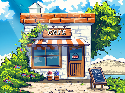 Cafe art cafe cartoon coffee shop countryside design digital digital art food and beverage illustration photoshop