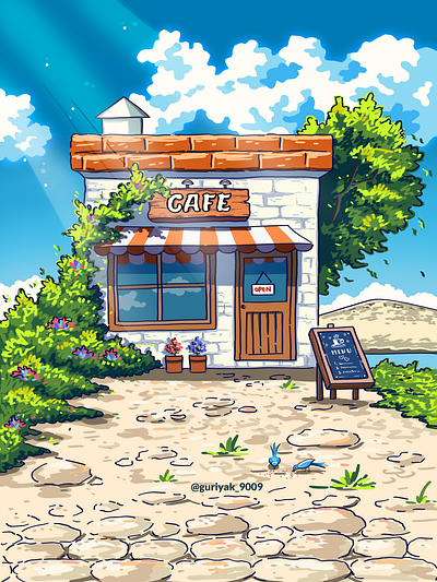 Cafe art cafe cartoon coffee shop countryside design digital digital art food and beverage illustration photoshop