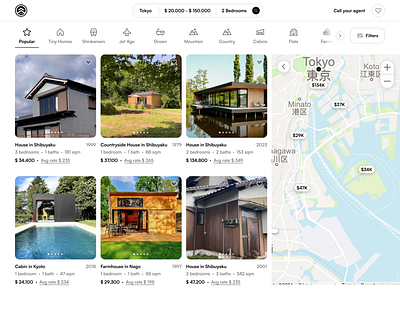 Own Real Estate in Japan • Web App Design airbnb akiya buy home japan map listing design real estate real estate marketplace