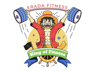 King of Fitness Print bodybuilding character fitness flat design gym illustration line art luffy mascot monkey muscles one piece powerlifting print training weightlifting workout