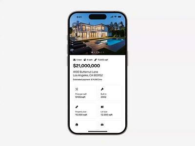 Luxury Presence | Payment Calculator (iOS) accordion animation chart down payment ios app mobile design mockup mortgage calculator motion design motion graphics payment calculator productdesign property details real estate saas ui