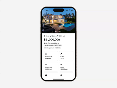 Luxury Presence | Payment Calculator (iOS) accordion animation chart down payment ios app mobile design mockup mortgage calculator motion design motion graphics payment calculator productdesign property details real estate saas ui