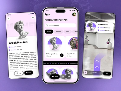 Modern Virtual Museum App Design app ar art augmented baroque design designer exhibition gallery illustration interface minimal mobile modern museum product sculpture ui ux vr