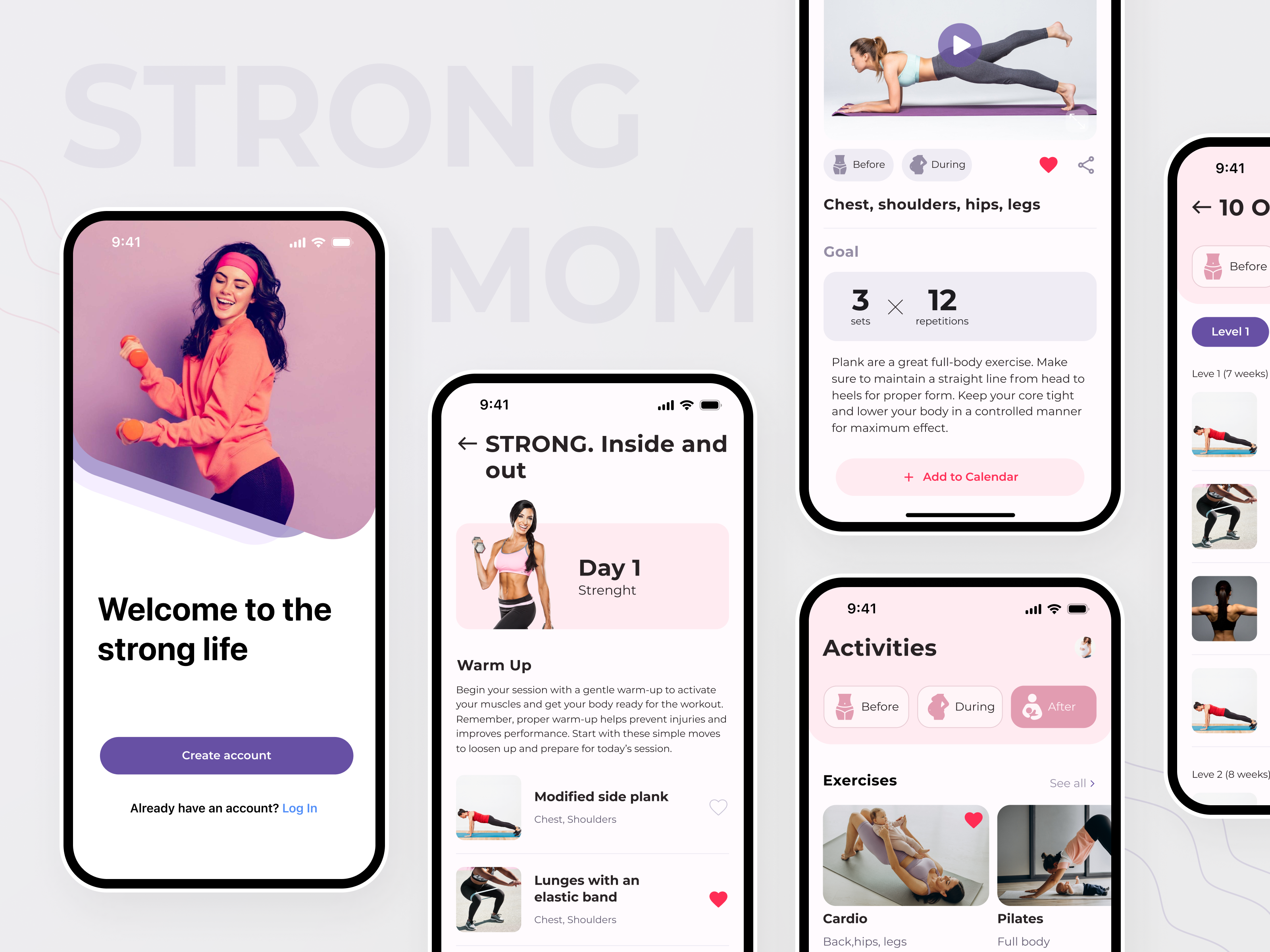 A Fitness Mobile App | StrongMom fitness fitness application gym health healthcare home page mobile app mom app motherhood online training pregnancy pregnant program sport tabs ui design ui ux video welcome screen workout