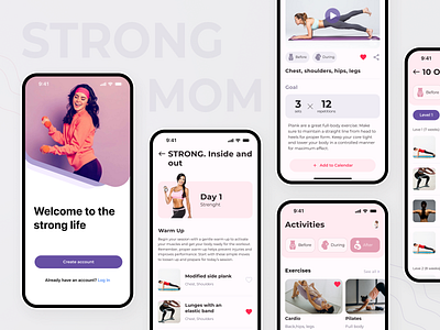 A Fitness Mobile App | StrongMom fitness fitness application gym health healthcare home page mobile app mom app motherhood online training pregnancy pregnant program sport tabs ui design ui ux video welcome screen workout