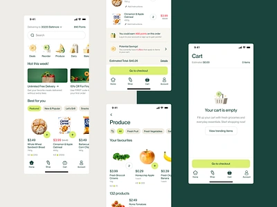 The Grocery Mobile App app cart categories chart ecommerce food green grocery homepage illustration mobile navigation search shop ui