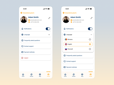 Profile & Settings Page accordion branding clean ui design insurance ios minimalism mobile mobile app phone profile settings settings on mobile ui ui design user interface user profile ux ux design