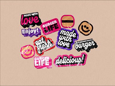 Sticker Pack #1: Burger Life 2d branding burger design graphic design happy illustration illustrator merchandise pack restaurant retro stickers