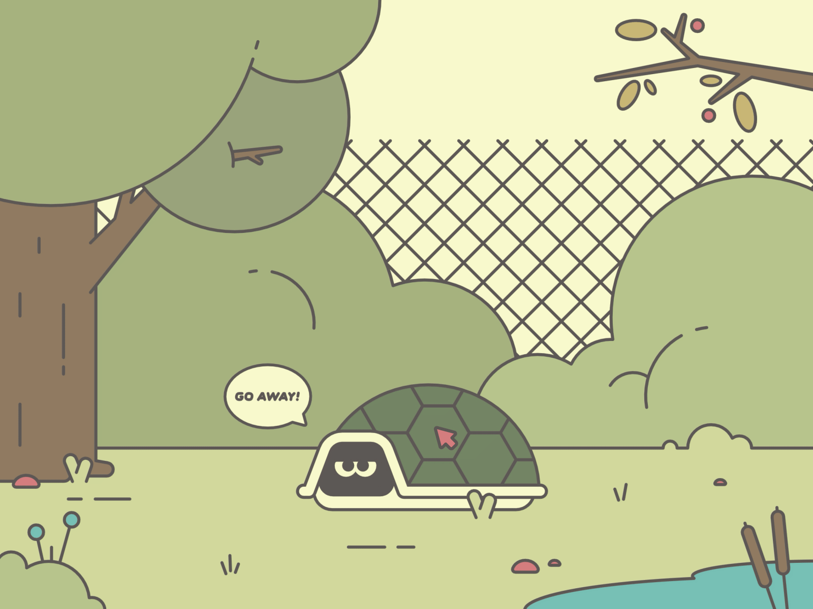 Interactive Angry Turtle angry bush click cursing disturb fence game irritate lake lottie park rive scream sleep speech bubble tree turtle