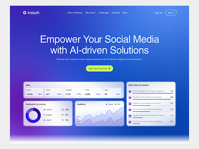 InstaAI - Social Media Management ai ai website b2b barkahlabs brand clean crm header hero home page landing page social media social media management startup ui ui design uiux web web design website