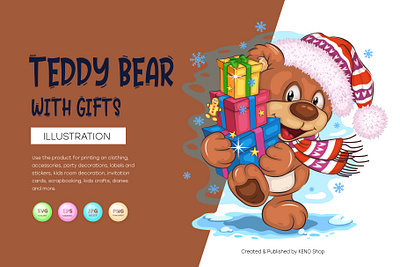 Cartoon Teddy Bear with Gifts. adorable animal art bear cartoon character christmas comic design gifts graphic design illustration mascot sticker teddy tshirt vector