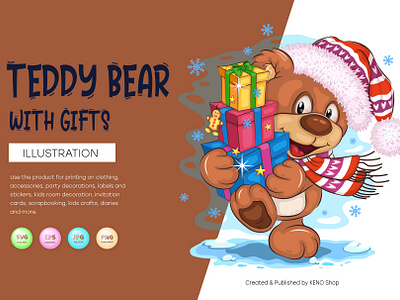 Cartoon Teddy Bear with Gifts. adorable animal art bear cartoon character christmas comic design gifts graphic design illustration mascot sticker teddy tshirt vector