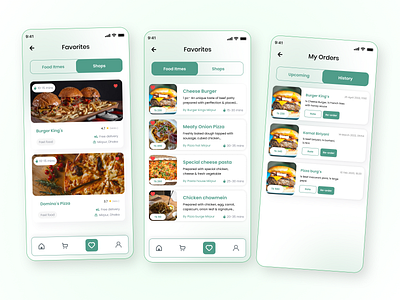 Food UI Design: Favorite Items, Shop, and Order History application delivery app delivery application food app food app design food application food cart design food delivery app food items design food ui food ui design mobile application mobile ui order food ui design user interface user interface design view cart