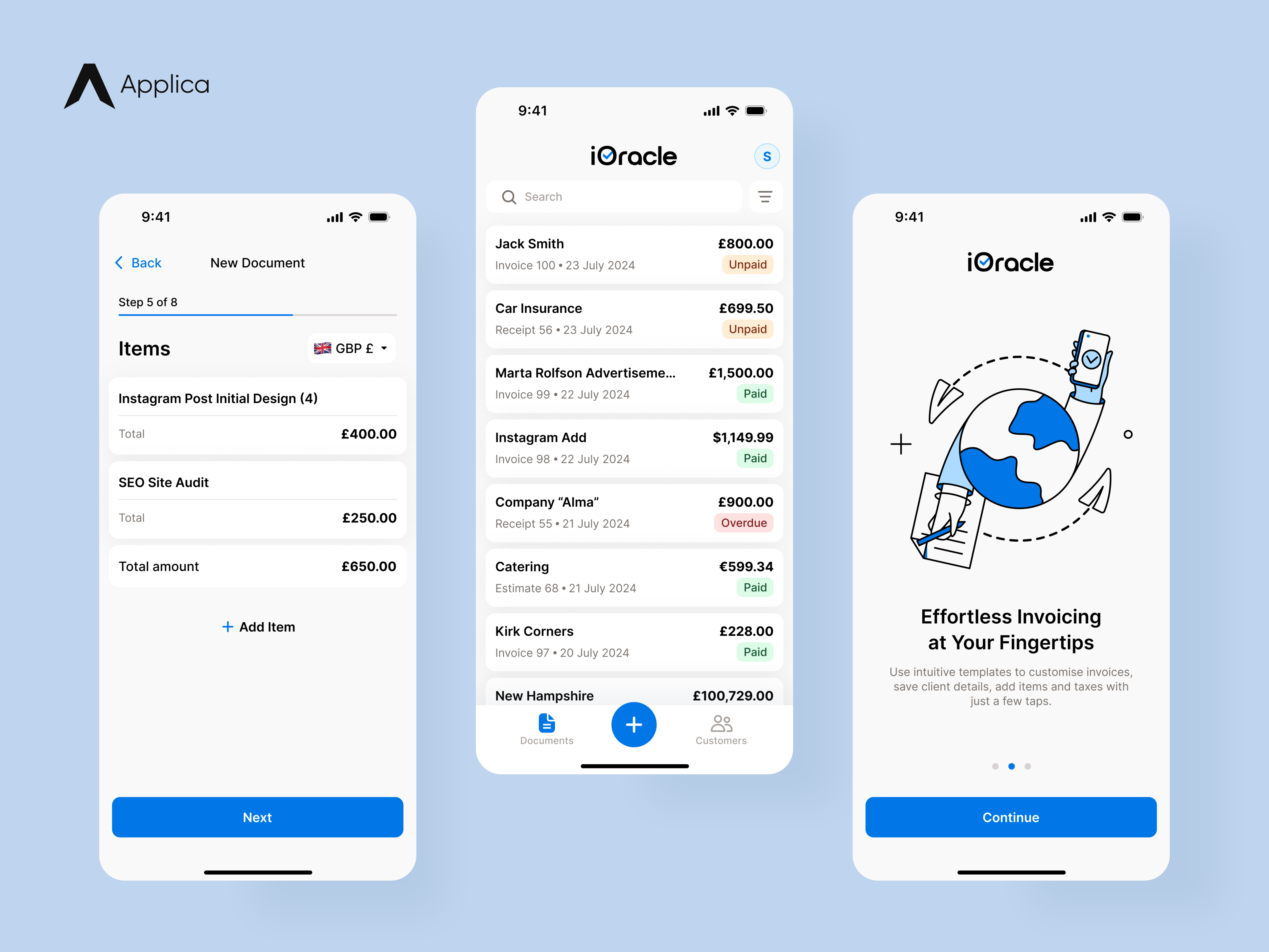 Invoice Oracle – Invoice app & UX/UI Design, MVP Development add document app blue clean design design system development documents estimate invoice ios mobile mobile design receipt ui
