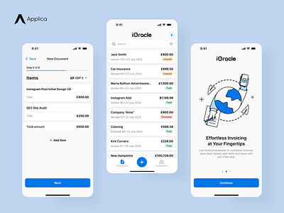 Invoice Oracle – Invoice app & UX/UI Design, MVP Development add document app blue clean design design system development documents estimate invoice ios mobile mobile design receipt ui