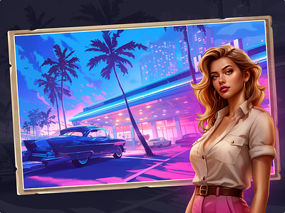 Miami Slot Game 2d arts animation casino game game background game character game design graphic design illustrations mascot miami original games palm trees sketch slot game ui uxui