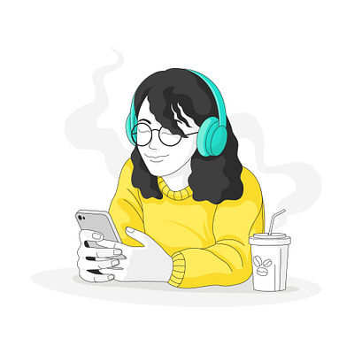 A woman is holding a cellphone and listening to music. business business illustration callphone coffee cute women design enjoy enjoying coffee graphic design hand drawing handdrawn illustration listening music marketing modern design modern illustration modern style vector women women illustration