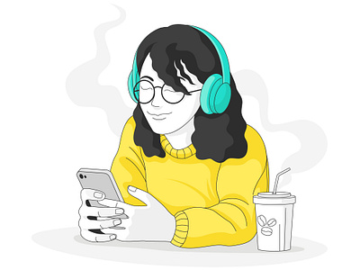 A woman is holding a cellphone and listening to music. business business illustration callphone coffee cute women design enjoy enjoying coffee graphic design hand drawing handdrawn illustration listening music marketing modern design modern illustration modern style vector women women illustration