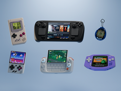 Random handheld consoles 3d b3d blender gameboy gaming gba handheld illustration steamdeck tamagotchi