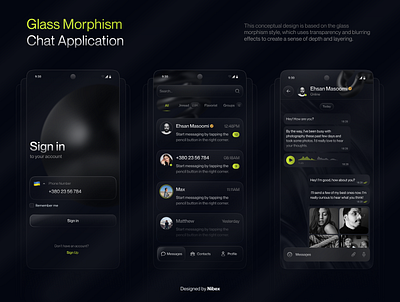 Chat Application in glass morphism Style 🌚 black black and green chat chat application classy dark dark mode design figma glass glass morphism gradient green modern product design silver ui ux