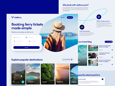 Viaferry Ferry booking platform homepage agency app branding design ferry homepage illustration logo marketing travel travelling ui ux web website