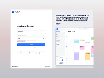 Wecraft Sign up page admin panel clean ui create account dashboard minimal onboarding saas sign in sign up ui ui design uiux webapp wecraft