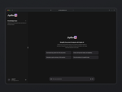 Apiko AI - AI Chat Assistant for Documents Exploration ai ai chatbot analyze chat chatbot dark document file login sidebar tabs ui