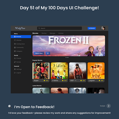 Day 51/100 - Video Streaming Browse Screen UI app browse categories clean design discovery engaging filters interface intuitive minimal movies navigation personalization recommendations shows smooth streaming ui video