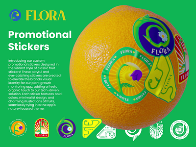 FLORA - Promo Stickers 3d 3d fruit 3d orange branding fruit fruit sticker fruit stickers identity logo orange sticker stickers