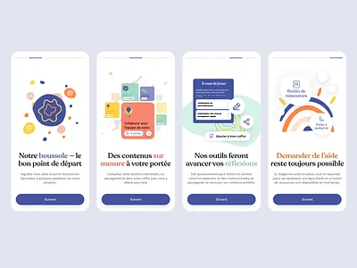 Onboarding tutorial for mental health self-help app. app design health illustration mental mobile onboarding quebec redesign sigmund ui