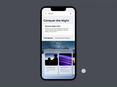 Proto transitions between screens - Nocturnal adventures app adventure app animated map app prototype fluid animations interaction design map animation mobile app design motion design night trail exploration nocturnal adventures prototype screen transitions smooth transitions ui uiux design user experience