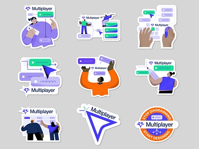 Promo Stickers app branding computer cursor design emblem flat icon illustration medal people promotional purple sticker stickers swag tech texture ui vector