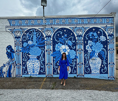 Blue Sunday Mural arch art nouveau blue european floral flowers monotone mural mural fest patio street art vase vibes