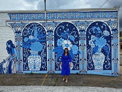 Blue Sunday Mural arch art nouveau blue european floral flowers monotone mural mural fest patio street art vase vibes